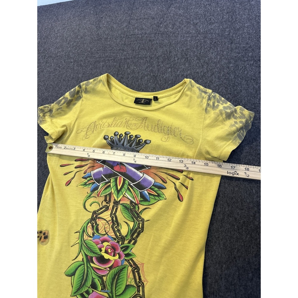 Christian Audigier Y2K Graphic Tee Leopard Crown Wings Yellow Top M Tattoo Art - Picture 11 of 16